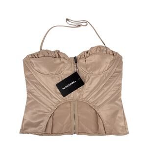 Pretty Little Things Corset Top Halter 8 Beige Front Cutout Zipper Ruffle Trim